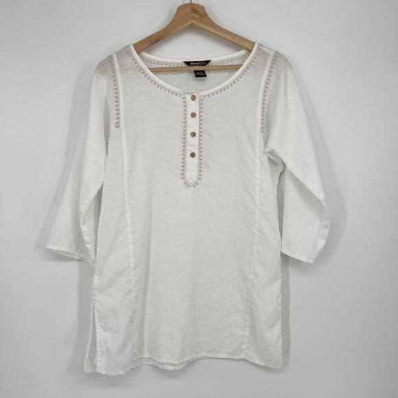 Eddie Bauer 100% Linen Tunic Top Womens Small White Tan Embroidered 3/4 Sleeve - Picture 1 of 11